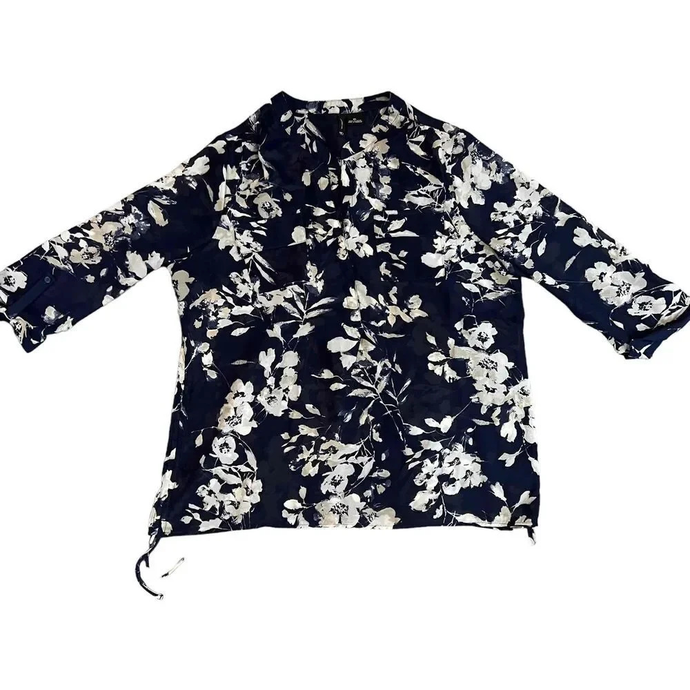 New Directions Women's XL‎ Navy Floral Print Long Sleeve Blouse
